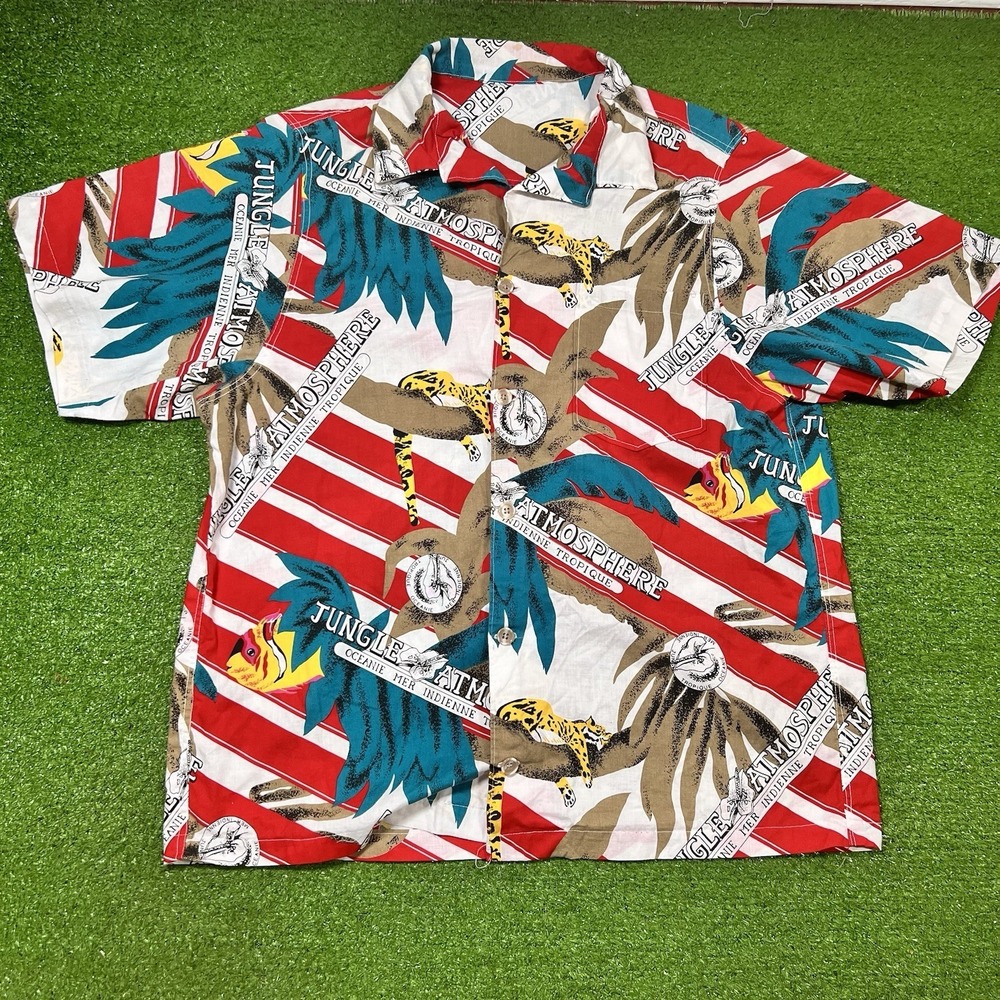 Vintage Button‎ Down Shirt LG Jungle Pring Jaguar Beach Wear 80s All Over Print